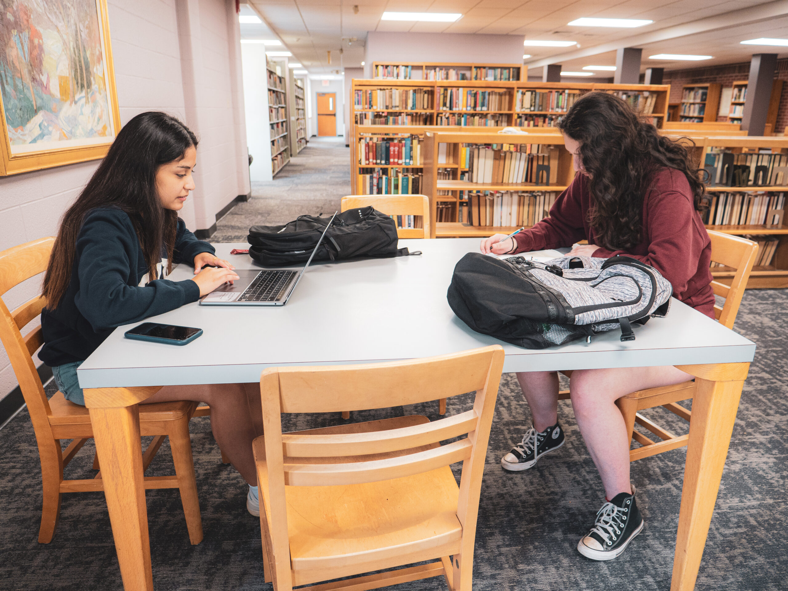 Two students studying at a table in the library