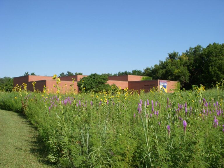 View of Kauffman Museum from the east, with prairie reconstruction in the foreground