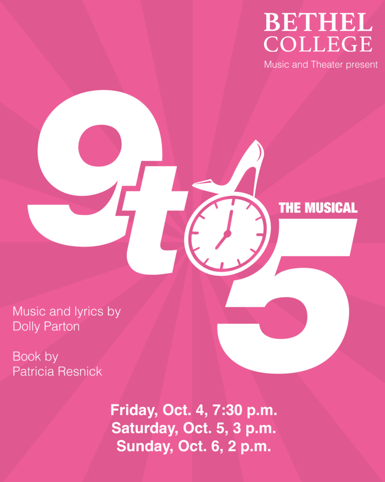 9 to 5 poster graphic, bright pink with white letters