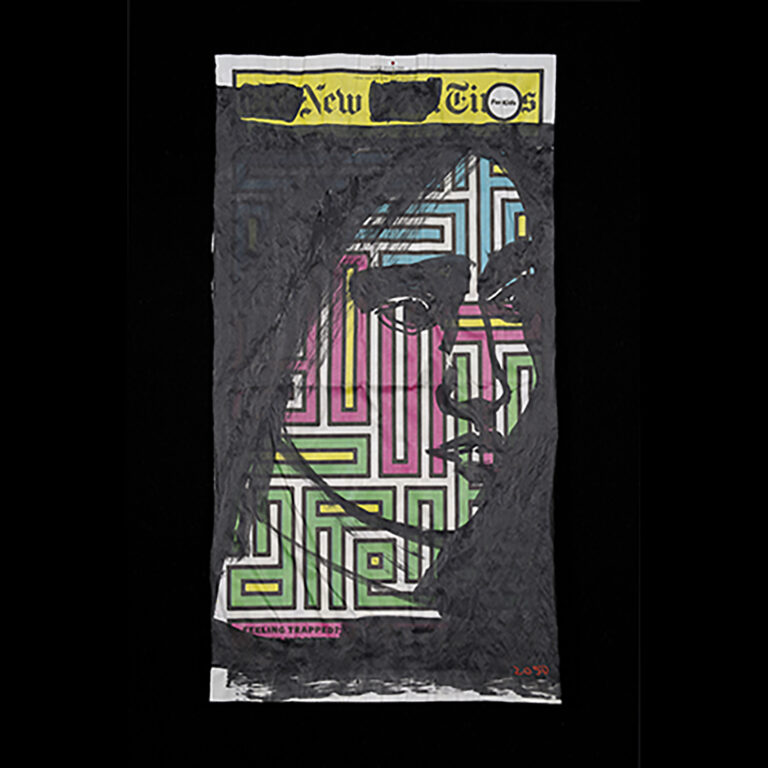 One of Nicholas Hill's "pandemic portraits," female face with long dark hair and a multi-colored maze overlaid