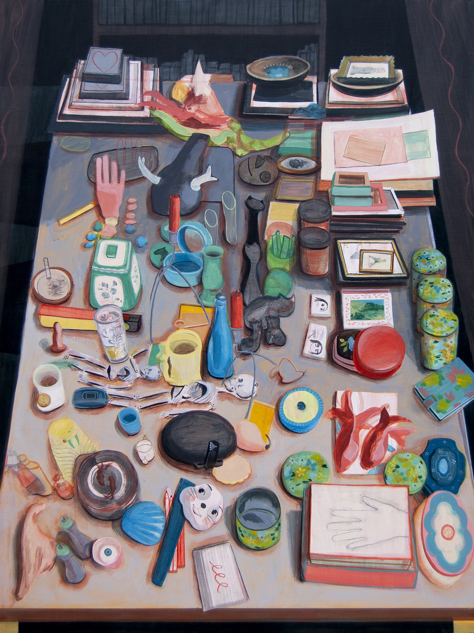 Jordan Buschur's acrylic painting, showing many different objects on a tabletop