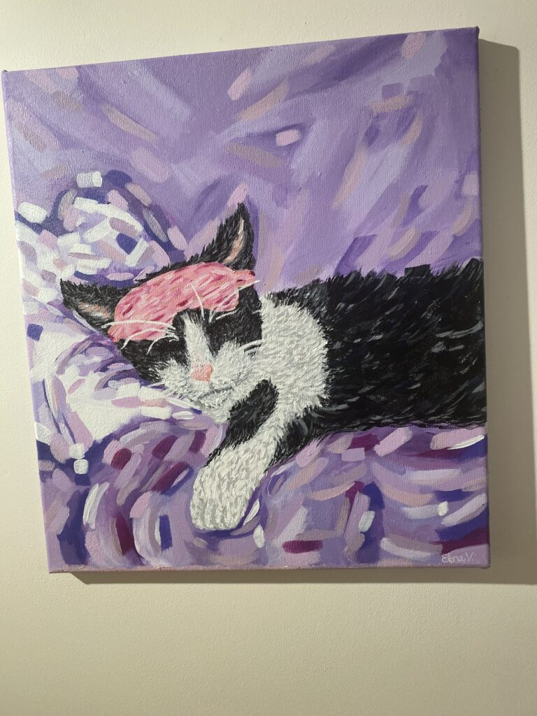 Painting of a black-and-white cat wearing a pink sleep mask, on a purple background