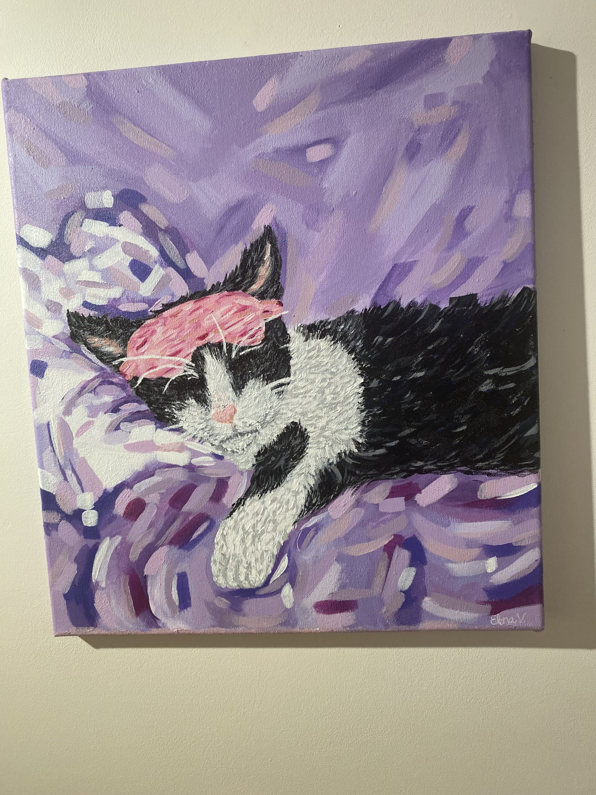 Painting of a black-and-white cat wearing a pink sleep mask, on a purple background